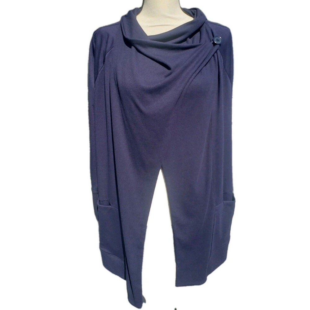 Chico's Womens ZENERGY Convertible Drape Cardigan Sz M Pet Navy Waterfall Collar